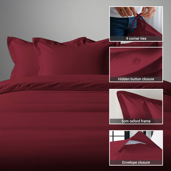 3 piece 600 thread count rio red cotton duvet cover emperor size with hidden button closure and 4 corner tie