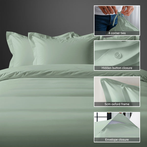 Pizuna sea foam super king cotton duvet cover 3 piece 1000 thread count with hidden button closure and corner ties plus oxford pillowcases