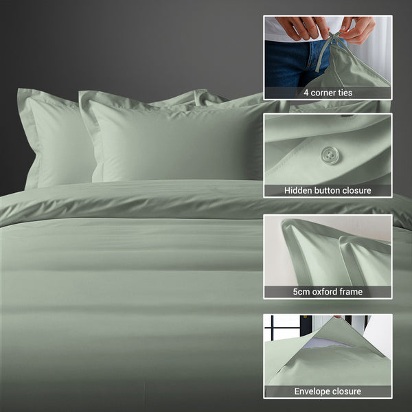 Sea Foam king cotton percale duvet cover 3 piece with hidden button closure and 4 corner ties
