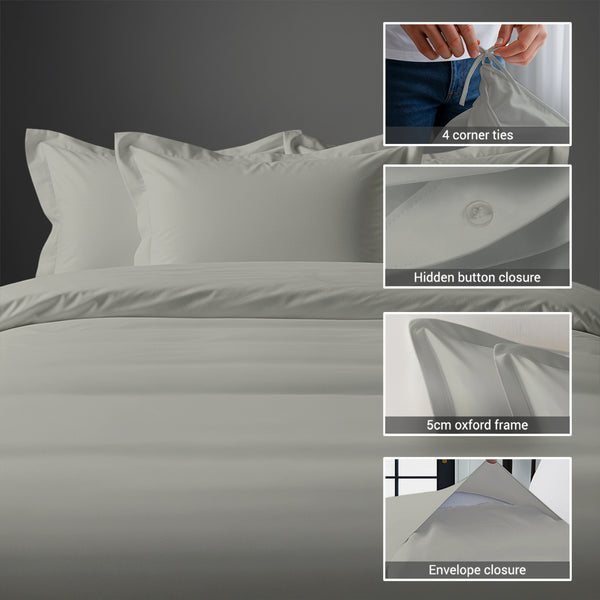 3 piece 600 thread count silver cotton duvet cover emperor size with hidden button closure and 4 corner tie