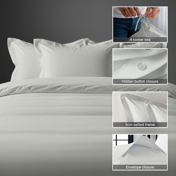 Pizuna silver double cotton duvet cover 3 piece 1000 thread count with hidden button closure and corner ties plus oxford pillowcases
