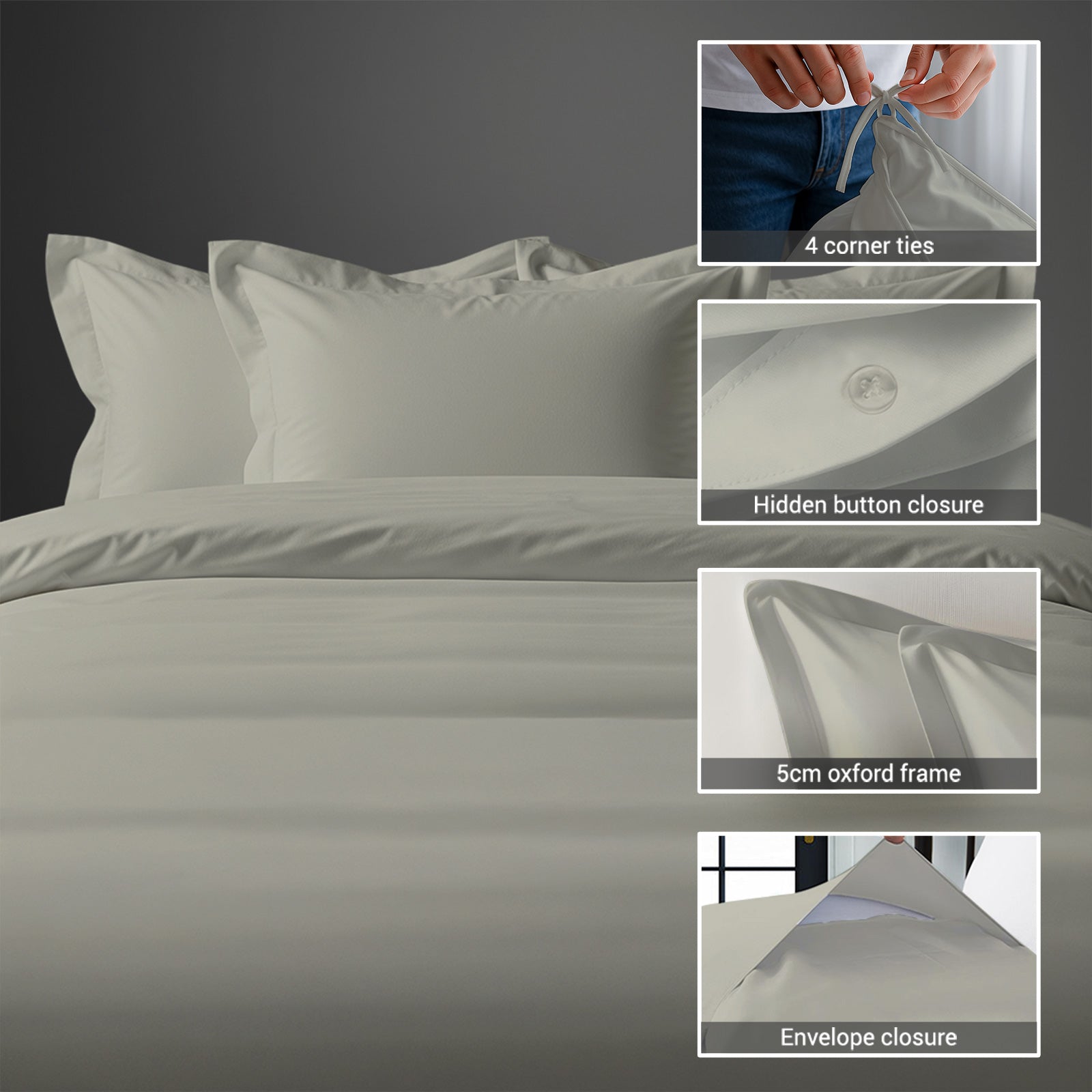 Pizuna Linens single size cotton duvet cover with hidden button closure corner ties and Oxford pillowcases