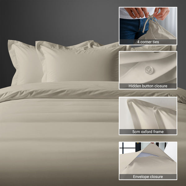 Pizuna simply taupe super king cotton duvet cover 3 piece 1000 thread count with hidden button closure and corner ties plus oxford pillowcases