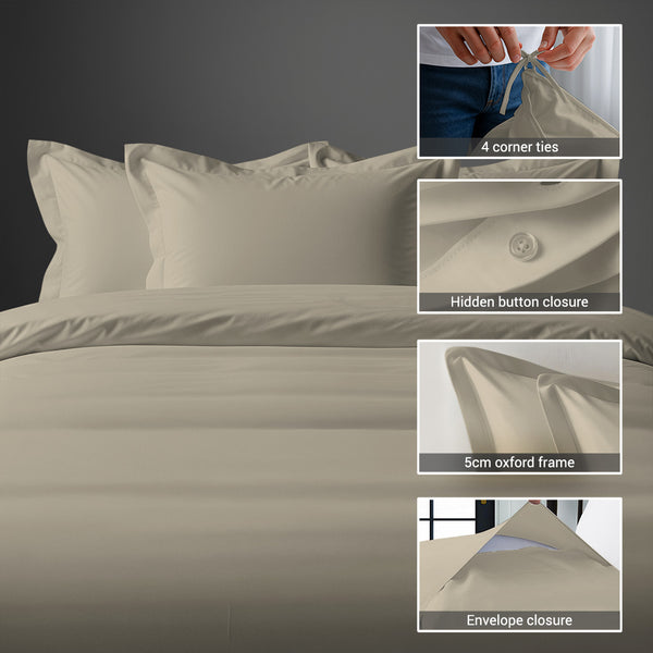 Simply Taupe king cotton percale duvet cover 3 piece with hidden button closure and 4 corner ties
