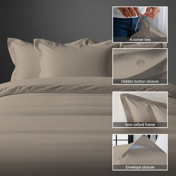 3 piece 600 thread count simply taupe cotton duvet cover king size with hidden button closure and 4 corner tie