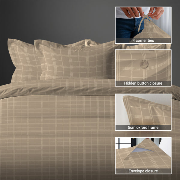 Taupe checks damask double duvet cover 3 piece 300 thread count with hidden button closure and 4 corner ties