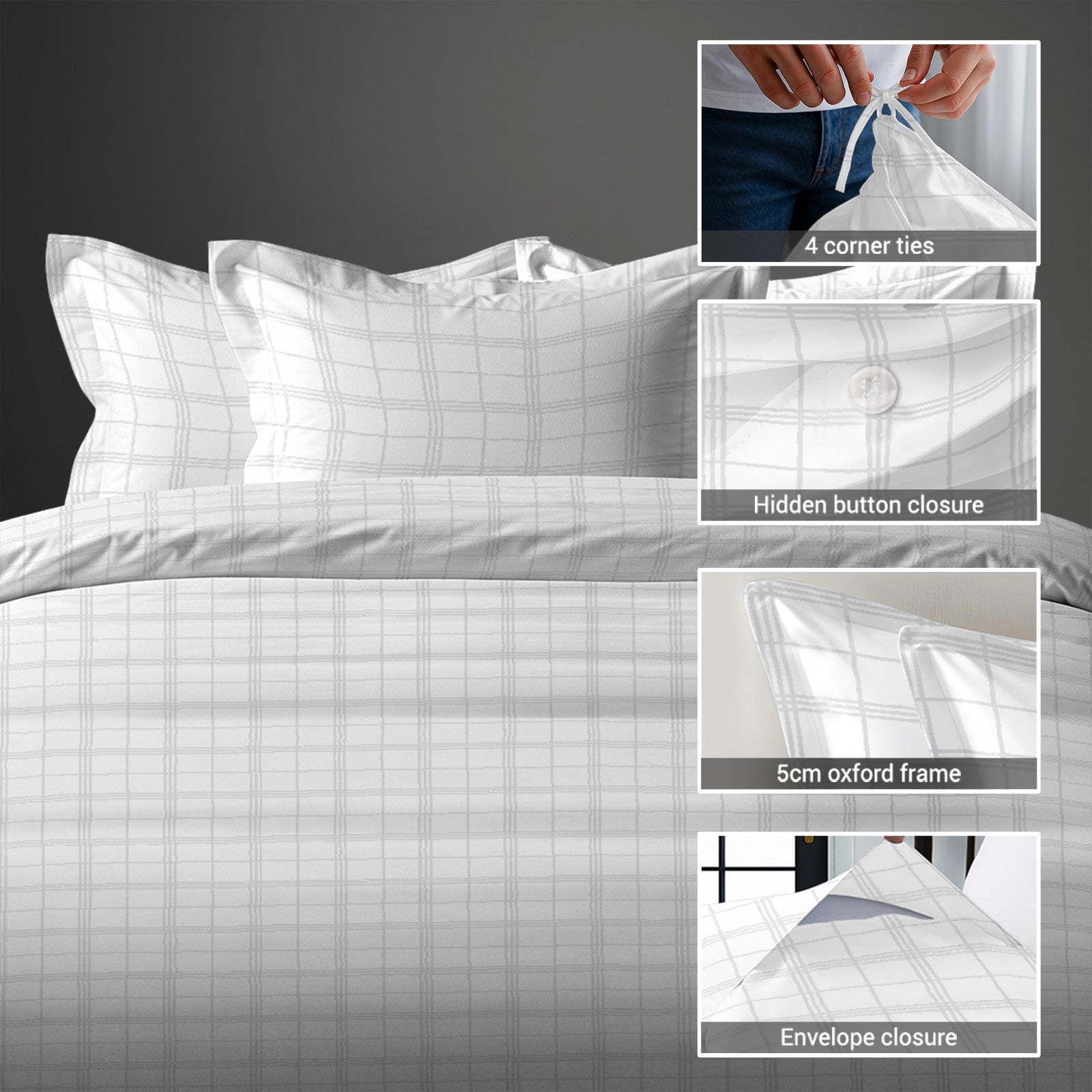 White checks damask double duvet cover 3 piece 300 thread count with hidden button closure and 4 corner ties
