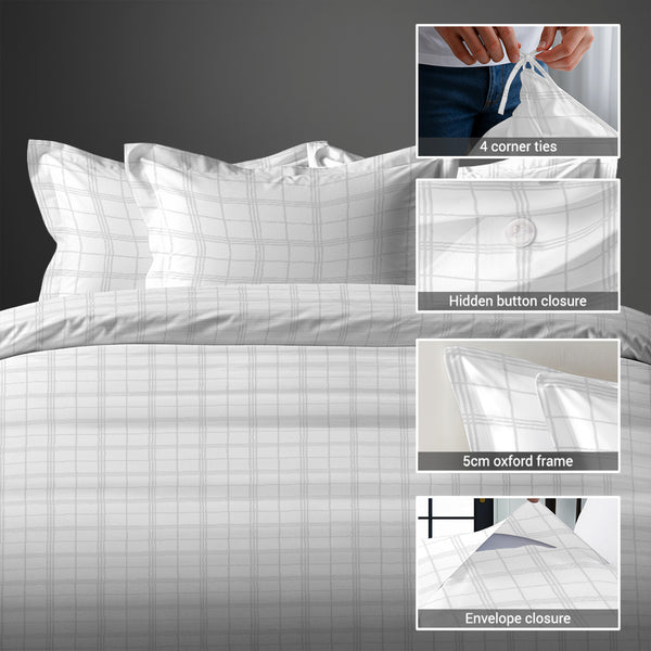 White checks damask super king duvet cover 3 piece 300 thread count with hidden button closure and 4 corner ties