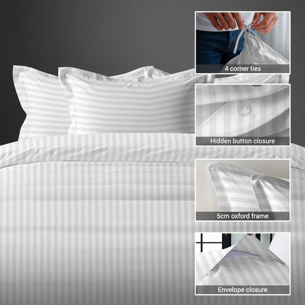 White stripes damask super king duvet cover 3 piece 300 thread count with hidden button closure and 4 corner ties