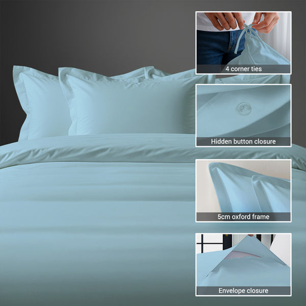 3 piece 600 thread count baby blue cotton duvet cover king size with hidden button closure and 4 corner tie