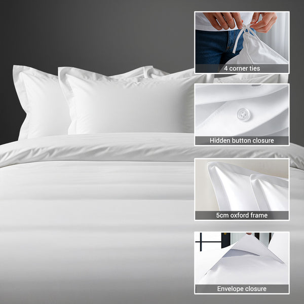 Pizuna white king cotton duvet cover 3 piece 1000 thread count with hidden button closure and corner ties plus oxford pillowcases