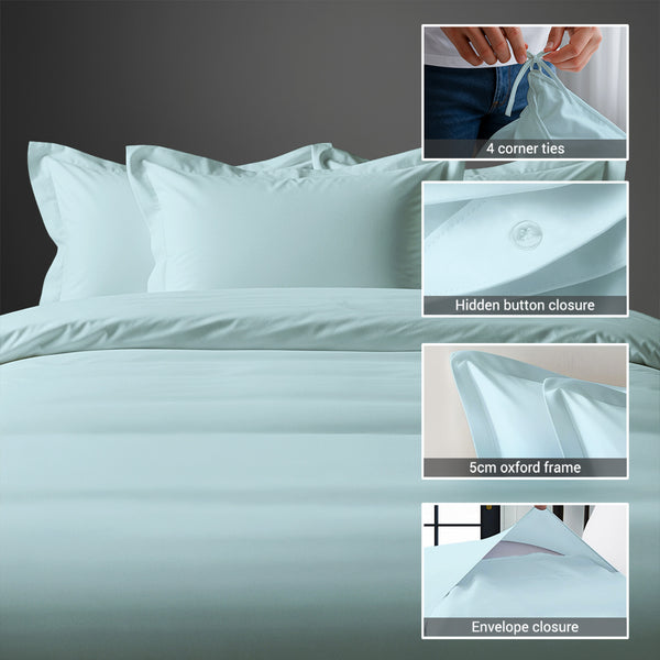 Baby blue single size 400 thread count cotton duvet cover with hidden button closure corner ties and Oxford pillowcases