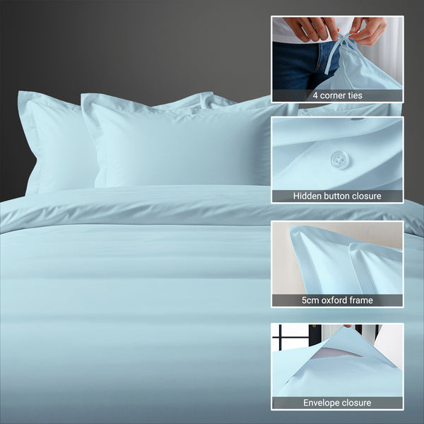 800 thread count 3 piece Baby Blue king duvet cover with hidden button closure and 4 corner ties plus oxford pillowcases
