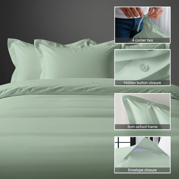 800 thread count 3 piece Sea Foam double duvet cover with hidden button closure and 4 corner ties plus oxford pillowcases
