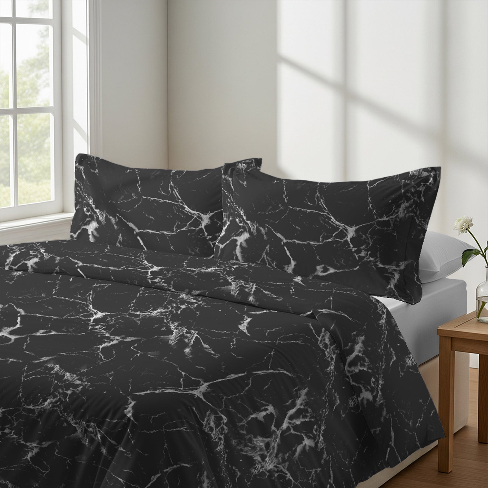 Calm luxurious bedroom bed with Marble black Pizuna Linens cotton duvet cover super king size