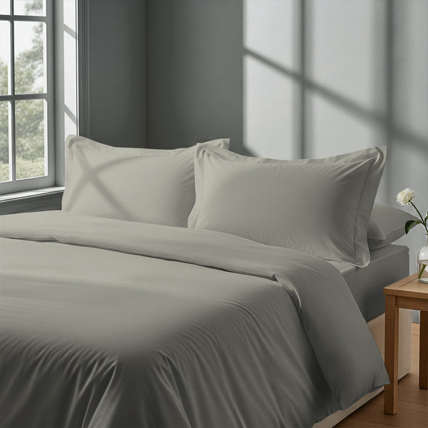 Calm luxurious bedroom bed with Silver Pizuna Linens cotton duvet cover double size