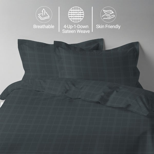 Anthracite checks damask double 3 piece cotton duvet cover set 300 thread count mercerized combed cotton smooth and lightweight