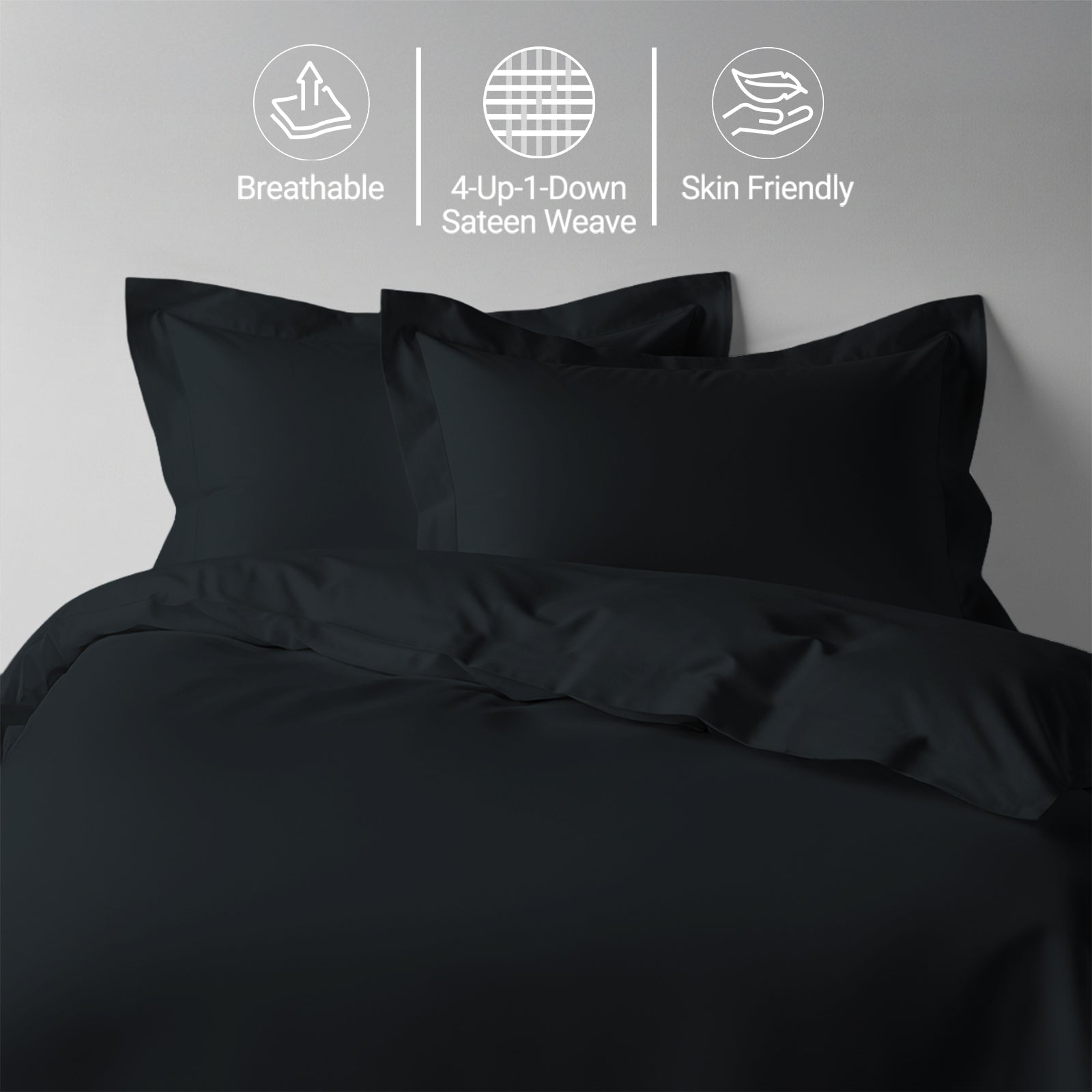 Black super king size cotton duvet cover set by Pizuna Linens breathable skin friendly sateen weave