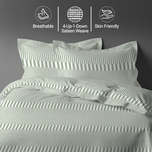 Cascade Stripe Green king size cotton duvet cover set by Pizuna Linens breathable skin friendly sateen weave