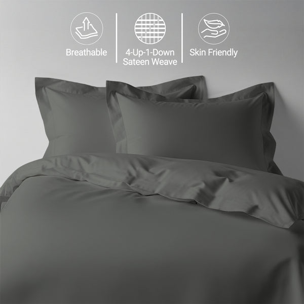 Dark grey single size cotton duvet cover set by Pizuna Linens breathable skin friendly sateen weave