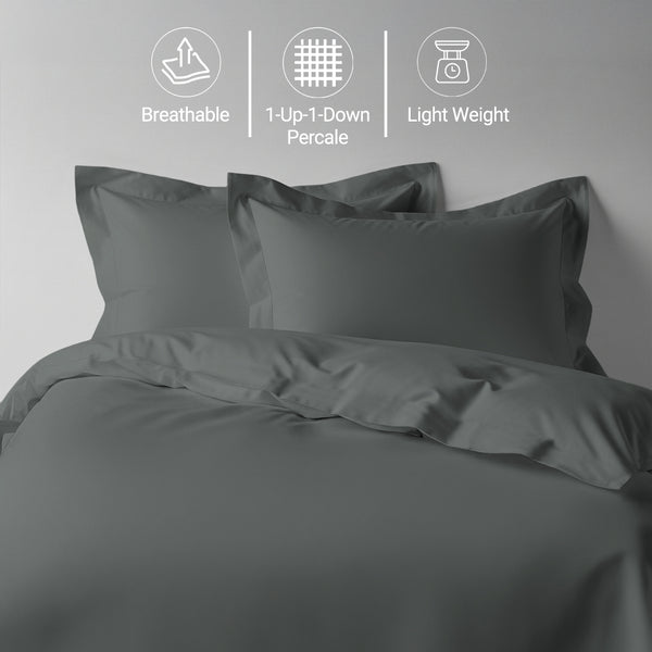 Dark grey double cotton percale duvet cover set 3 piece combed cotton smoother feel crisp percale lightweight and cool
