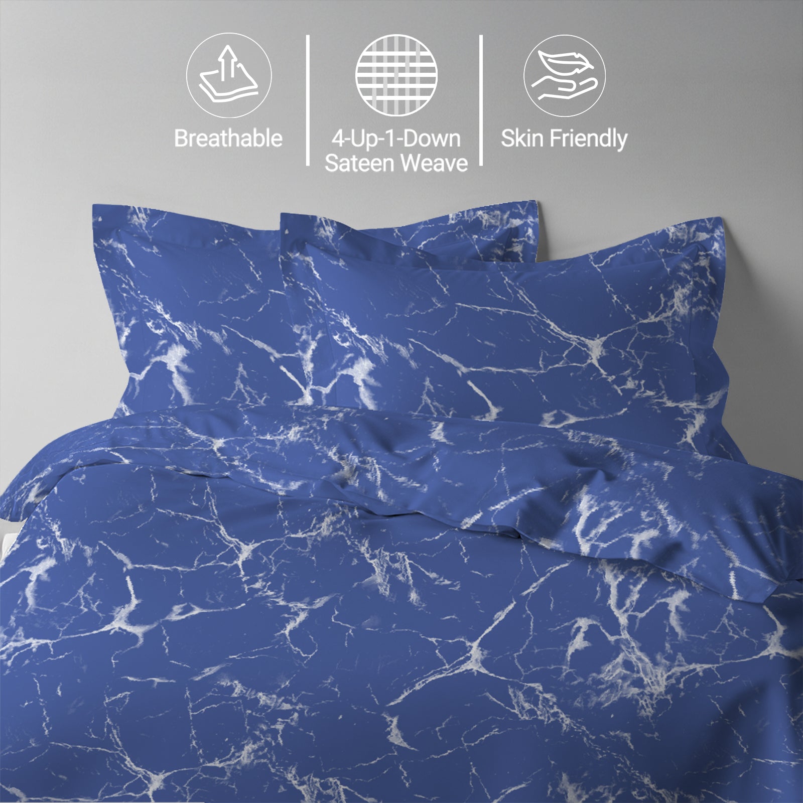 Marble blue super king size cotton duvet cover set by Pizuna Linens breathable skin friendly sateen weave