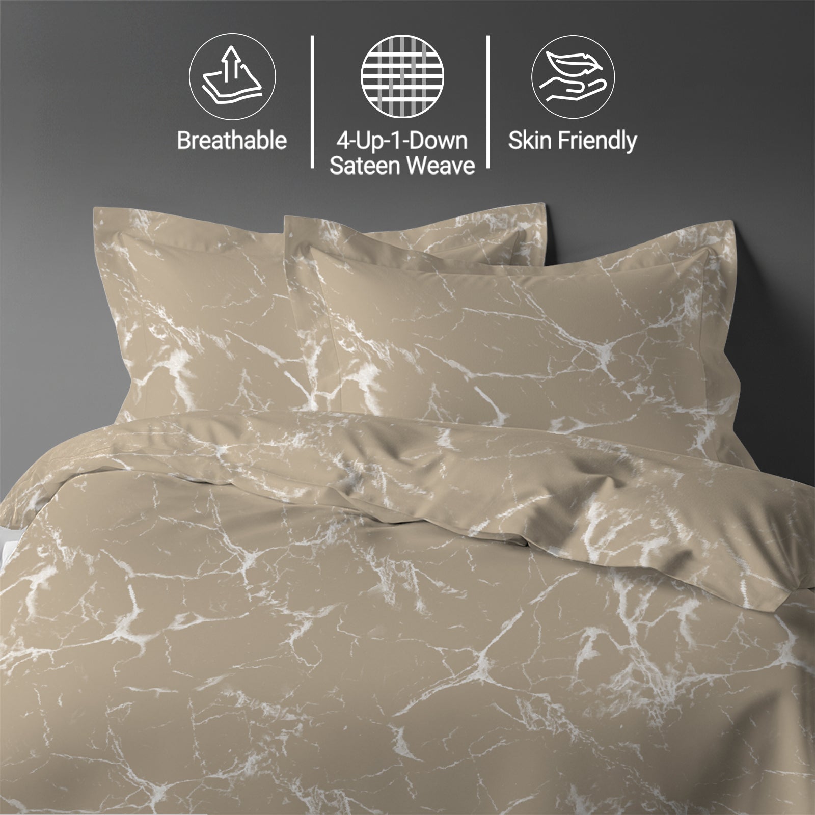 Marble taupe single size cotton duvet cover set by Pizuna Linens breathable skin friendly sateen weave