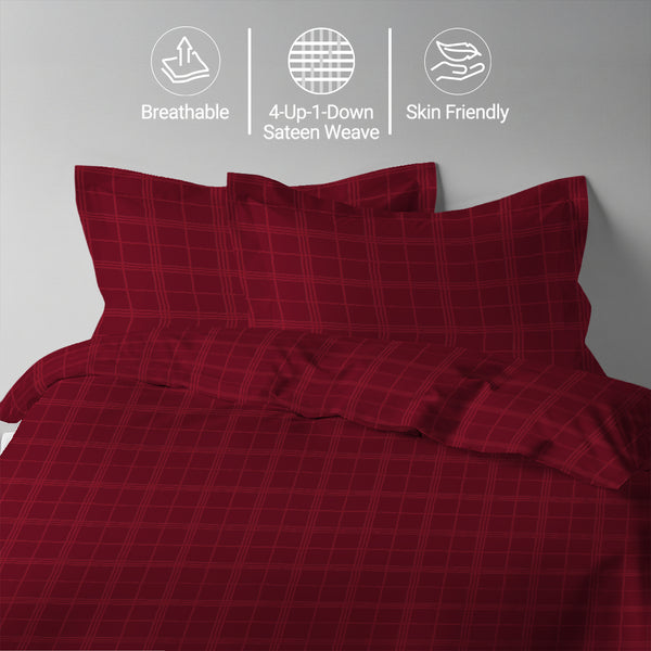 Red checks damask super king 3 piece cotton duvet cover set 300 thread count mercerized combed cotton smooth and lightweight