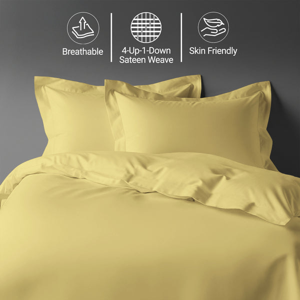 Bed with Mellow Yellow double 3 piece 800 thread count duvet cover set medium heavy texture sweat wicking temperature controlling
