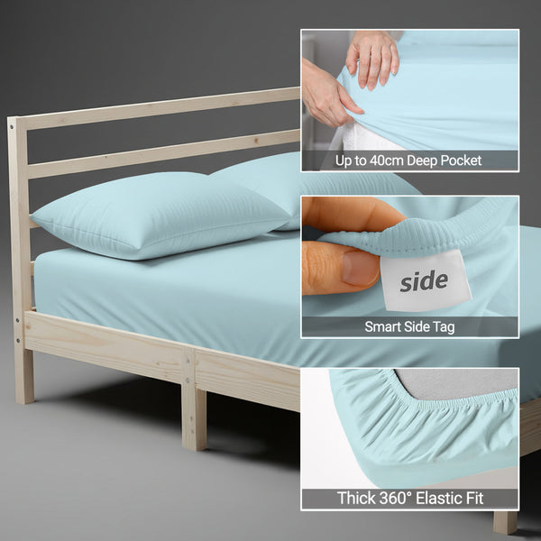 Baby blue double size fitted sheet with 40 cm deep pockets Smart Side tag 360 elastic seamless 600 thread count
