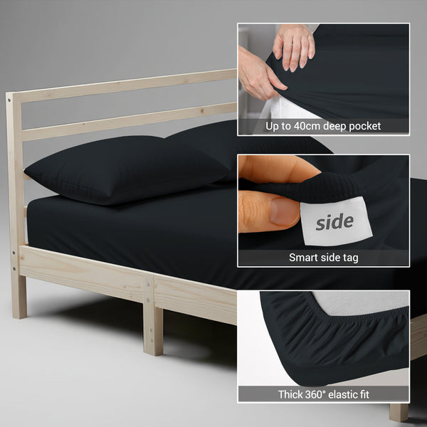 Double size fitted cotton bedsheet black 400 thread count with 40 cm deep pockets and SmartSide tag