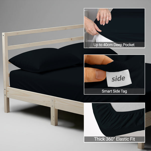 Double size black fitted sheet 1000 thread count plus 40 cm deep pockets 360 elastic Smart Side indicators tight fit