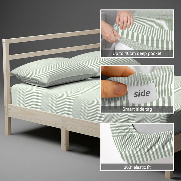 Small double fitted cotton bedsheet Cascade Stripe Green 400 thread count with 40 cm deep pockets and SmartSide tag