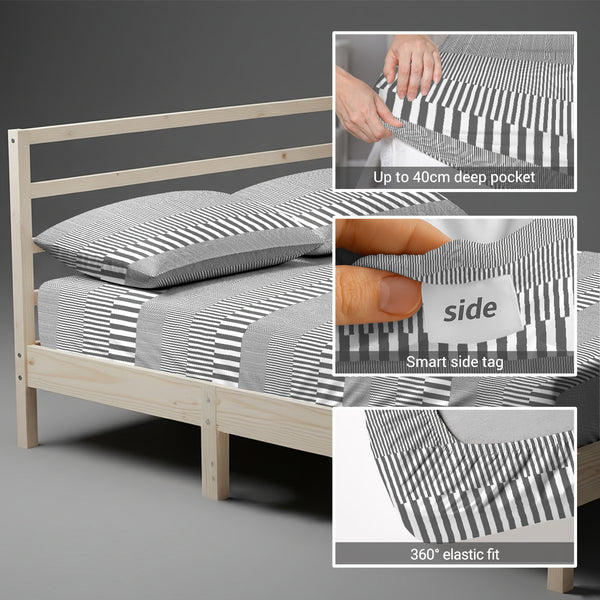 Single size fitted cotton bedsheet cascade stripe grey 400 thread count with 40 cm deep pockets and SmartSide tag