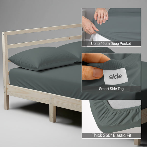 Single size dark grey fitted sheet 1000 thread count plus 40 cm deep pockets 360 elastic Smart Side indicators tight fit