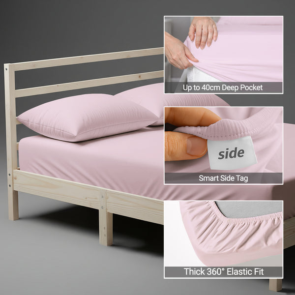 Light pink emperor size fitted sheet with 40 cm deep pockets Smart Side tag 360 elastic seamless 600 thread count
