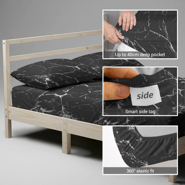 Emperor fitted cotton bedsheet Marble Black 400 thread count with 40 cm deep pockets and SmartSide tag
