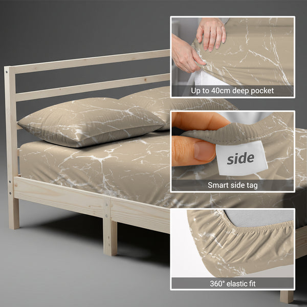 Emperor fitted cotton bedsheet Marble Taupe 400 thread count with 40 cm deep pockets and SmartSide tag