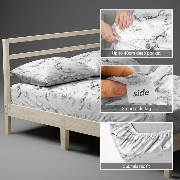 Small double fitted cotton bedsheet Marble White 400 thread count with 40 cm deep pockets and SmartSide tag