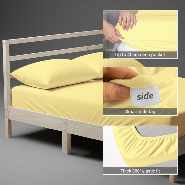 Small double size fitted cotton bedsheet mellow yellow 400 thread count with 40 cm deep pockets and SmartSide tag