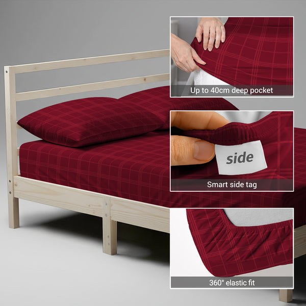 360 all around elastic Red big checks fitted sheet king 40cm deep pocket tight fitting