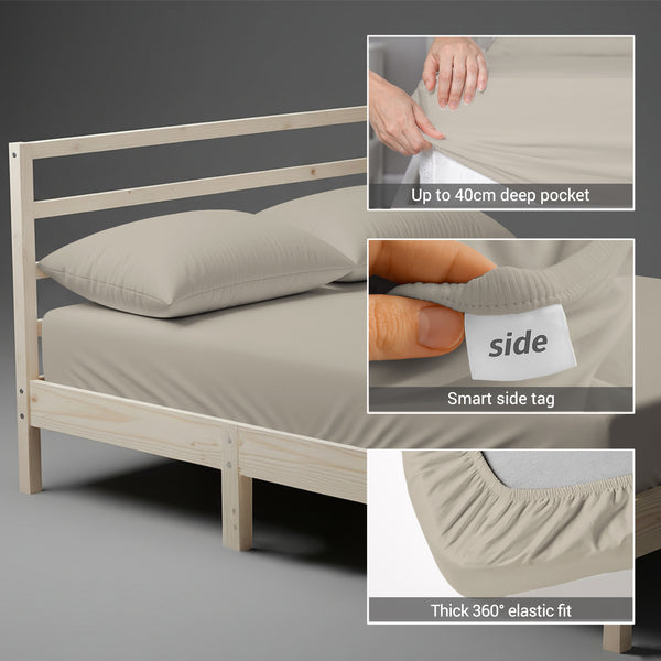 Emperor size fitted cotton bedsheet Simply Taupe 400 thread count with 40 cm deep pockets and SmartSide tag
