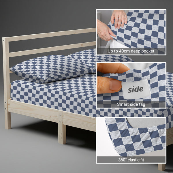 Small single size fitted cotton bedsheet smart checks navy 400 thread count with 40 cm deep pockets and SmartSide tag