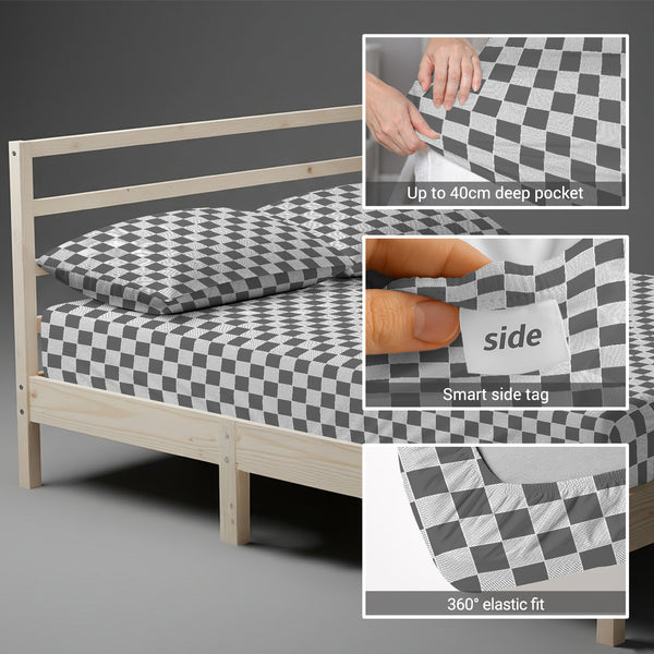 Small single size fitted cotton bedsheet smart checks grey 400 thread count with 40 cm deep pockets and SmartSide tag