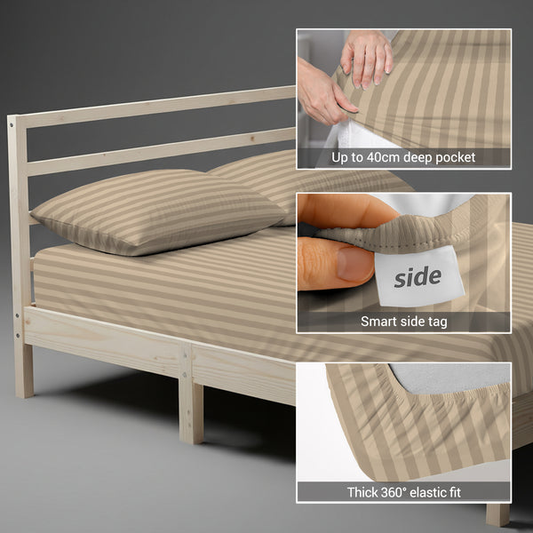 360 all around elastic Cream striped fitted sheet king 40cm deep pocket tight fitting