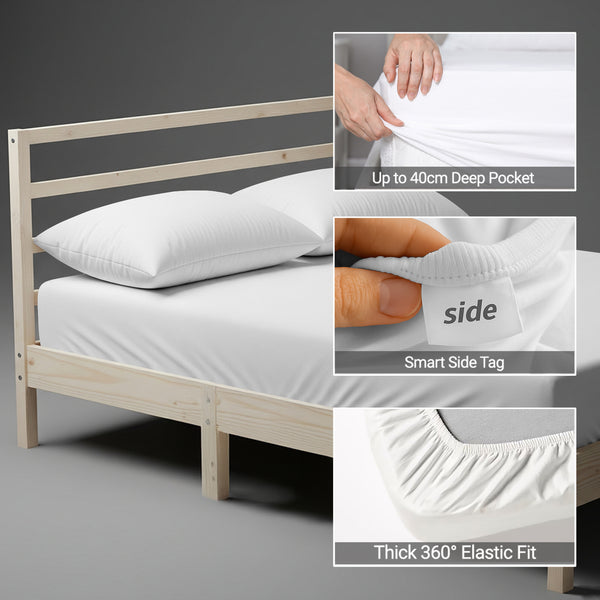 White double size fitted sheet with 40 cm deep pockets Smart Side tag 360 elastic seamless 600 thread count
