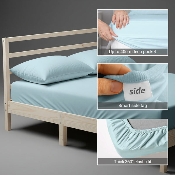 Cotton percale single size baby blue fitted sheet with 40 cm deep pocket 360 all around elastic and SmartSide tag