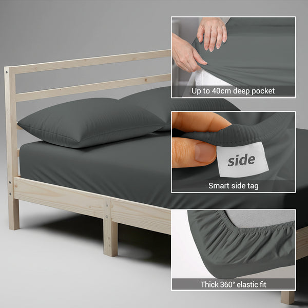 Cotton percale double size dark grey fitted sheet with 40 cm deep pocket 360 all around elastic and SmartSide tag