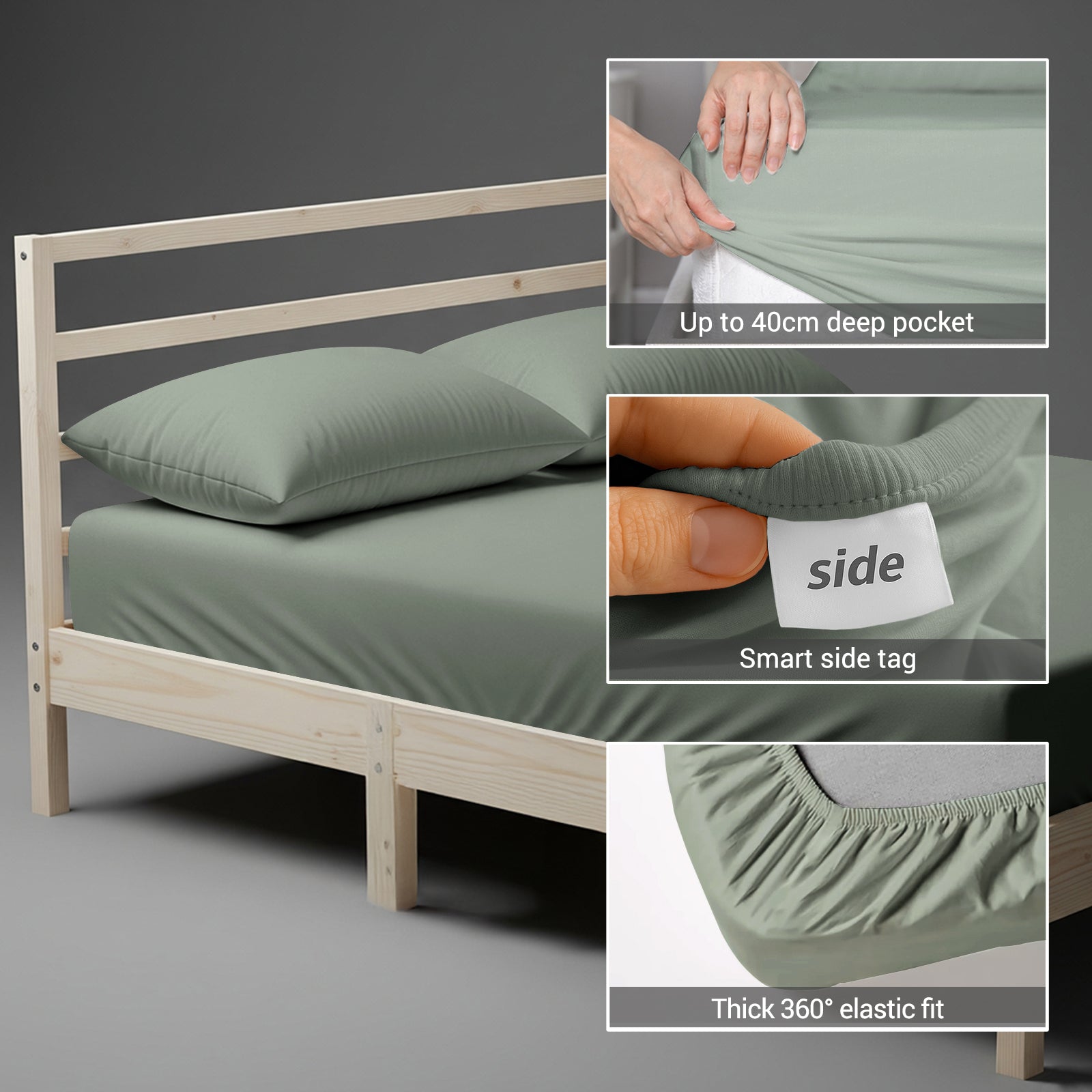 Cotton percale single size sea foam fitted sheet with 40 cm deep pocket 360 all around elastic and SmartSide tag