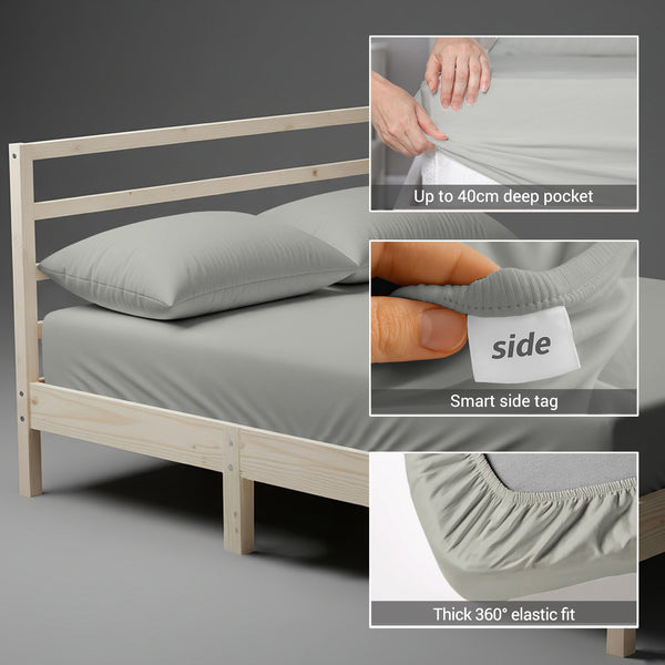 Cotton percale EU single size Silver fitted sheet with 40 cm deep pocket 360 all around elastic and SmartSide tag
